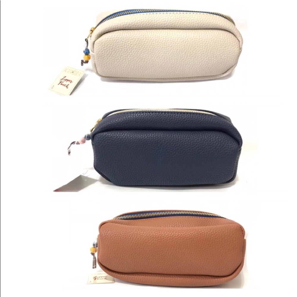 Make up Zipper Pouch New Case Blue Tan Small Light